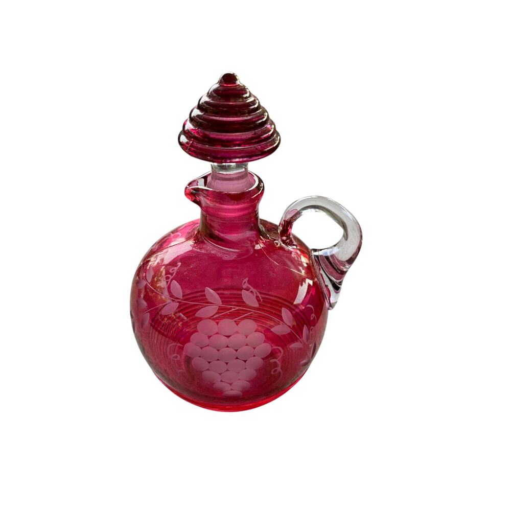 Vintage Cranberry  Glass PitcherWine Decanter Grape & Leaf Design & stopper